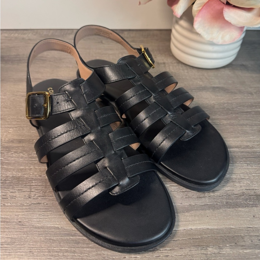 Cole Haan Black Leather Strappy Sandal with Gold Buckle Accent - Picture 5 of 11